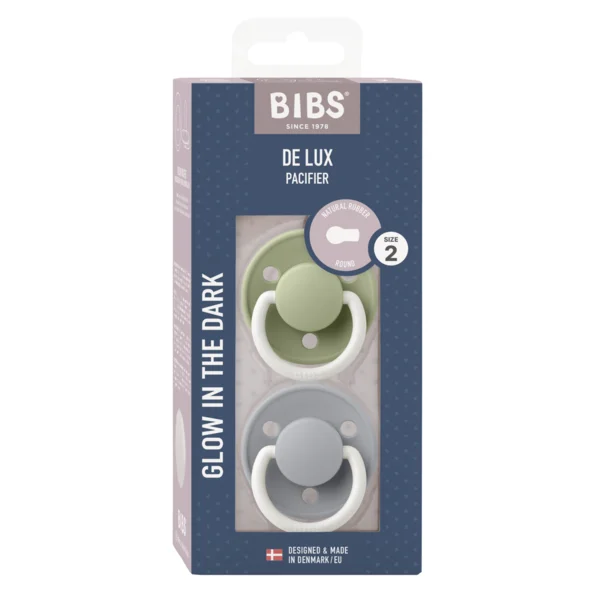 2 бр. Биберони BIBS De Lux, Каучук, Sage GLOW/Cloud GLOW, 6-18 месеца
