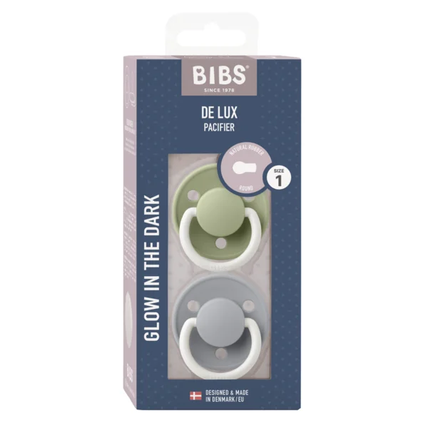 2 бр. Биберони BIBS De Lux, Каучук, Sage GLOW/Cloud GLOW, 0-6 месеца