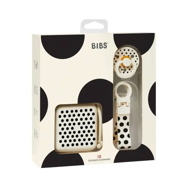 BIBS Подаръчен Сет Polka - Клипс, Кутия и Биберон, Каучук 6-18 месеца, Ivory/Black