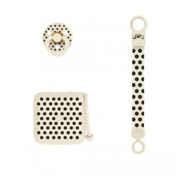 BIBS Подаръчен Сет Polka - Клипс, Кутия и Биберон, Каучук 6-18 месеца, Ivory/Black