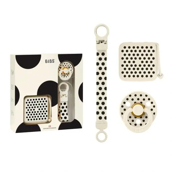 BIBS Подаръчен Сет Polka - Клипс, Кутия и Биберон, Каучук 6-18 месеца, Ivory/Black