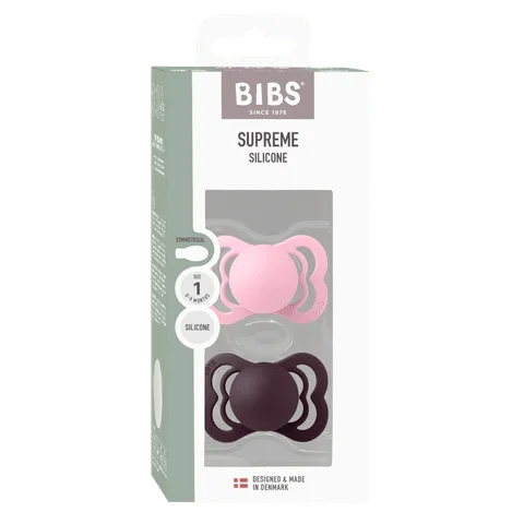 2 бр. Биберони BIBS Supreme, Силикон, Baby Pink/Plum, 0-6 месеца