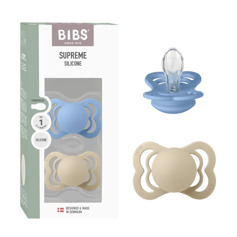 2 бр. Биберони BIBS Supreme, Силикон, Vanilla/Sky Blue, 0-6 месеца