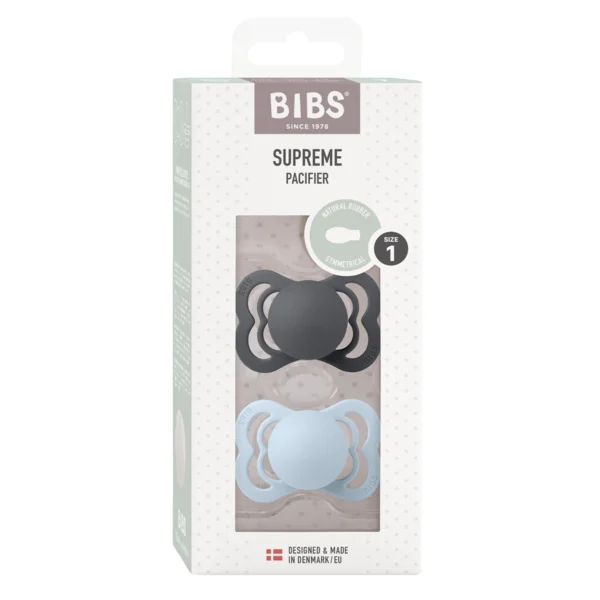 2 бр. Биберони BIBS Supreme, Каучук, Iron/Baby Blue, 0-6 месеца