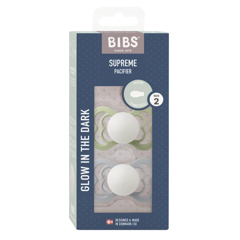2 бр. Силиконови Биберони BIBS Supreme, Sage GLOW/Cloud GLOW, 6-18 месеца