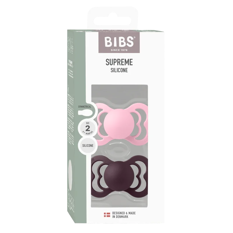 2 бр. Биберони BIBS Supreme, Силикон, Baby Pink/Plum, 6-18 месеца