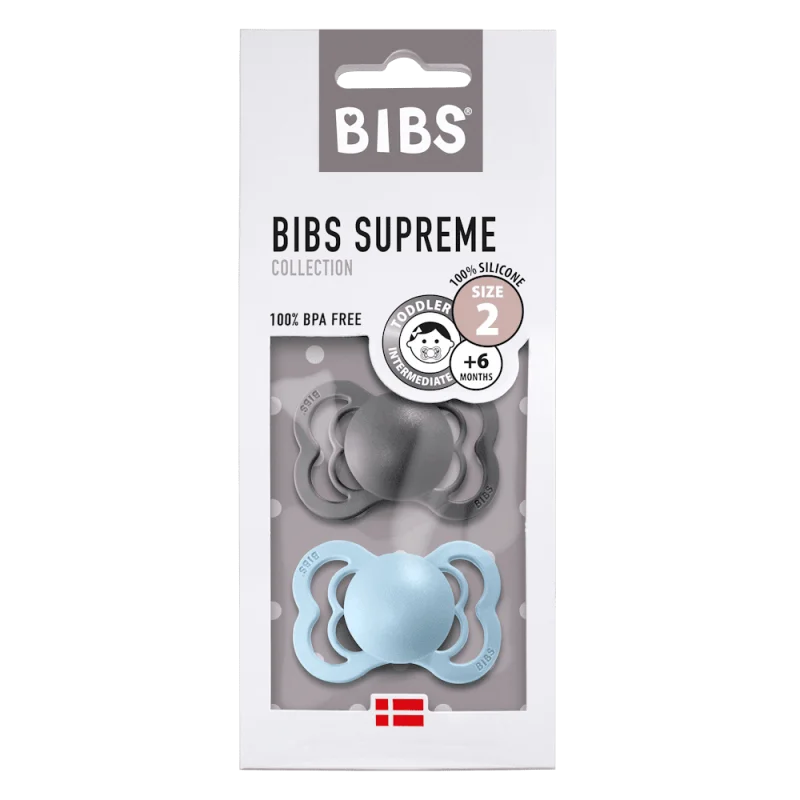 2 бр. Биберони BIBS Supreme, Каучук, Iron/Baby Blue, 6-18 месеца	